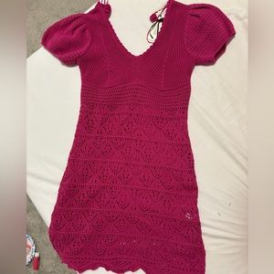 Crochet Magenta Mini Dress - Open Tie Back